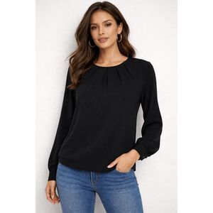 DKNY Women's Black Pleated Long Sleeve Pullover Top M